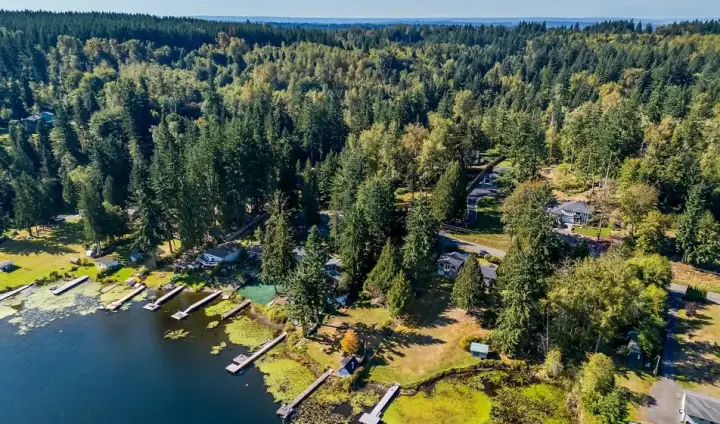 Aerial photo of a lakefront neighborhood